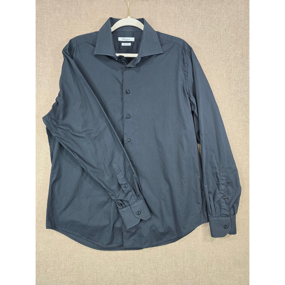 Camicissima Slim Fit Dress Shirt Mens 17.5 44 Black Cotton Long Sleeve Button Up